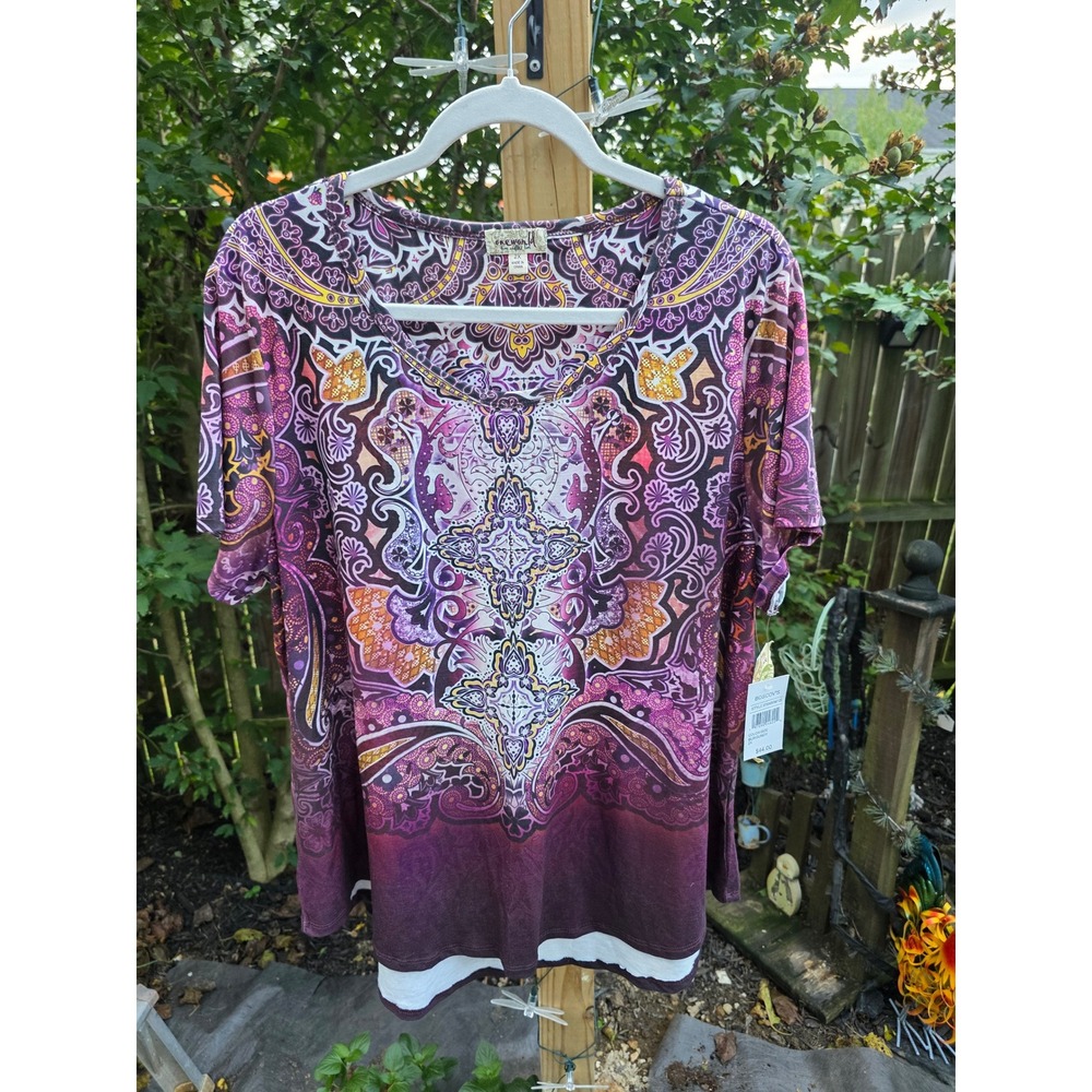 One World Live and Let Live Burgundy Paisley Studded Top 2X NWT